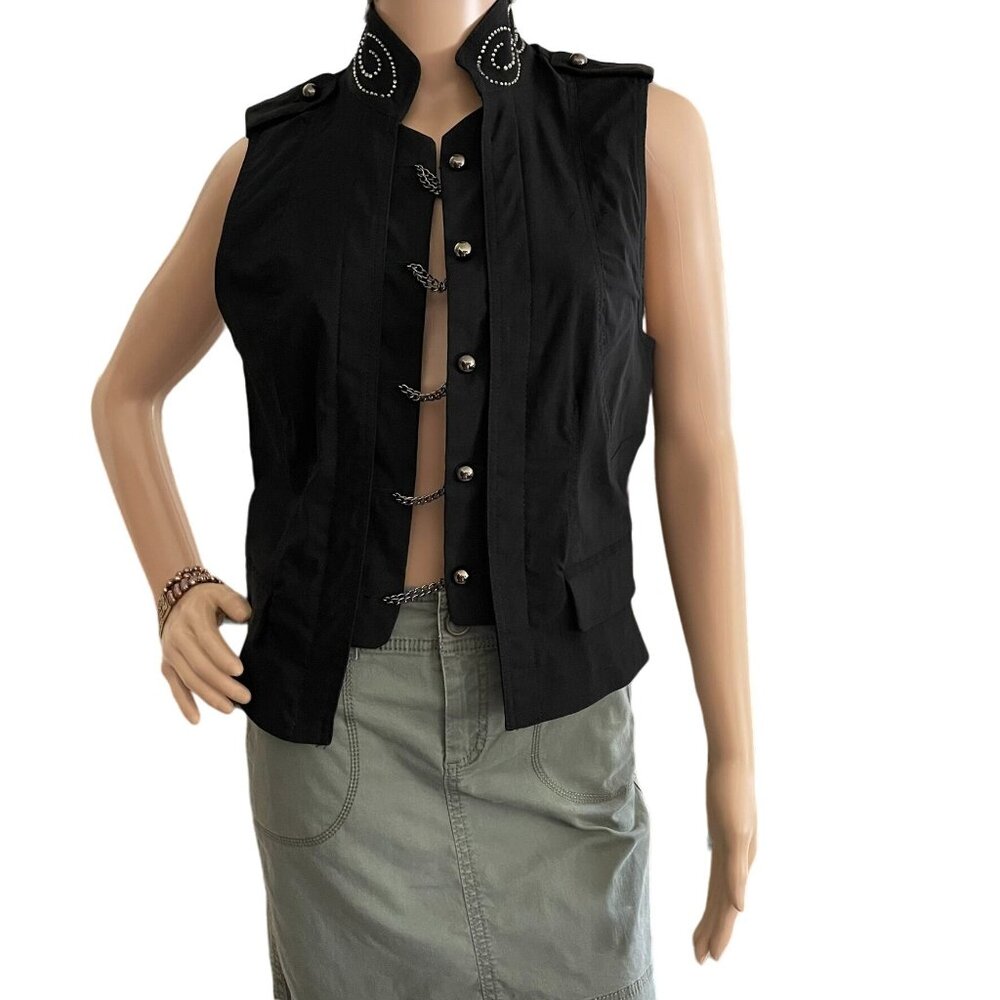 Oh Yes Black Sleeveless Chain Metallic Button Vest Womens L with Rhinestones